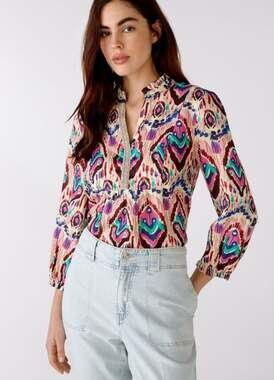 Oui Linen Top Women 10 Colorful Batik Block Print V Neck Tiered Resort Wear Boho